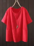 Short Sleeve Solid Round Neck Cotton-Blend Shirts & Tops