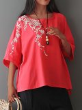 Plus Size Embroidered Round Neck Short Sleeve  Blouse