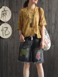 Crew Neck Casual Floral Balloon Sleeve Casual Tops