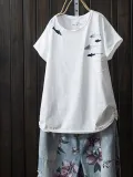 Cotton-Blend Short Sleeve Casual Printed Shirts & Tops