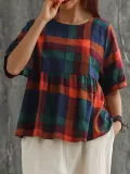 Plus Size Women Plaid Cotton And Linen Short Sleeve Loose Casual Tops