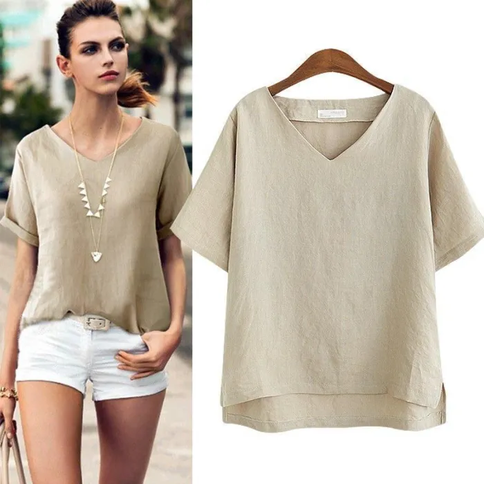 Solid Short Sleeve Casual V Neck Shirts & Tops