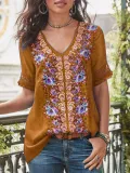 Short Sleeve Cotton-Blend Patchwork V Neck Shirts & Tops