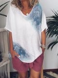 Casual Printed V-neck Short Sleeve Plus Size Blouse