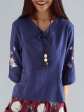 Plus Size Women Buckle 3/4 Sleeves  V-neck Loose Casual Cotton Tops