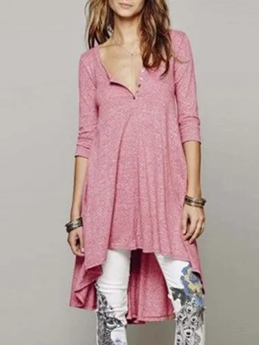 V neck Casual Long Sleeve Buttoned Plus Size T-Shirt