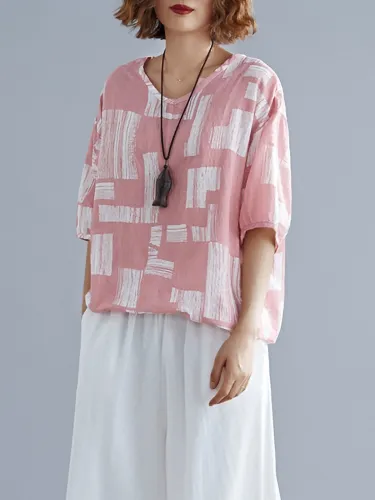 Plus Size Women Cotton And Linen V Neck Short Sleeve Vintage Floral Casual Tops