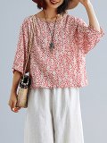 Plus Size Women Floral  Half  Sleeve  Round  Neck Cotton And Linen Loose Casual Top