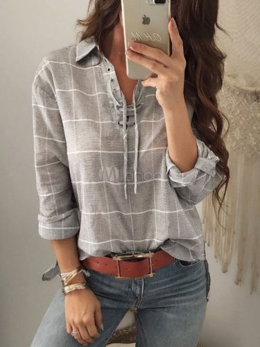 Khaki Shirt Collar Geometric Cotton Casual Shirts & Tops