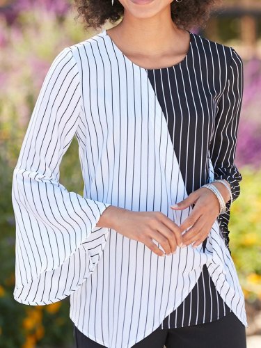 White-Black Casual Striped Cotton-Blend Shirts & Tops