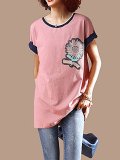 Plus Size Women Cotton Casual  Floral  Short Sleeved Loose Top
