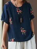 Women Short Sleeve Round Neck Vintage Embroidered Floral Casual Tops