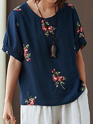 Women Short Sleeve Round Neck Vintage Embroidered Floral Casual Tops