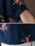 Women Short Sleeve Round Neck Vintage Embroidered Floral Casual Tops