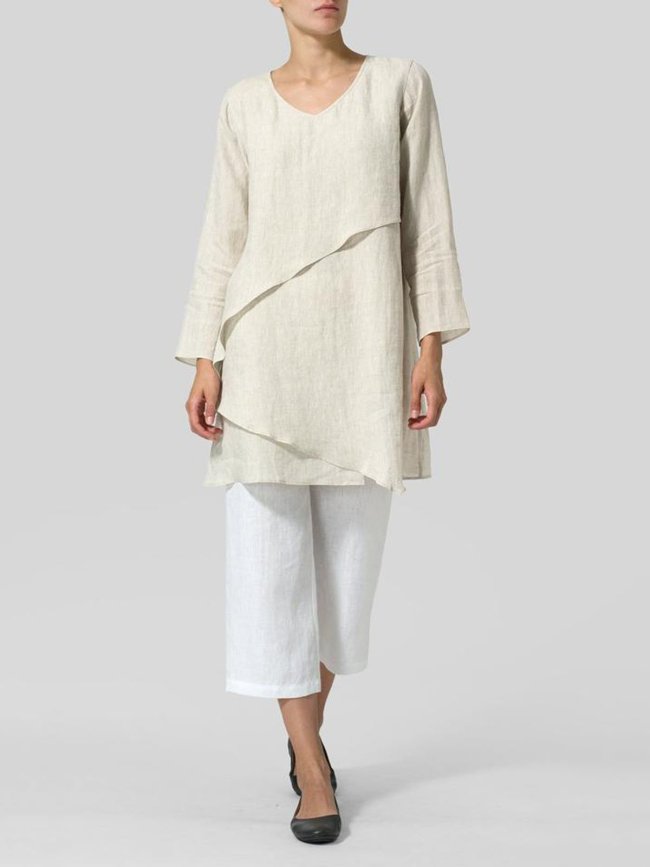 Casual Linen Solid  V neck Long Sleeve Tops