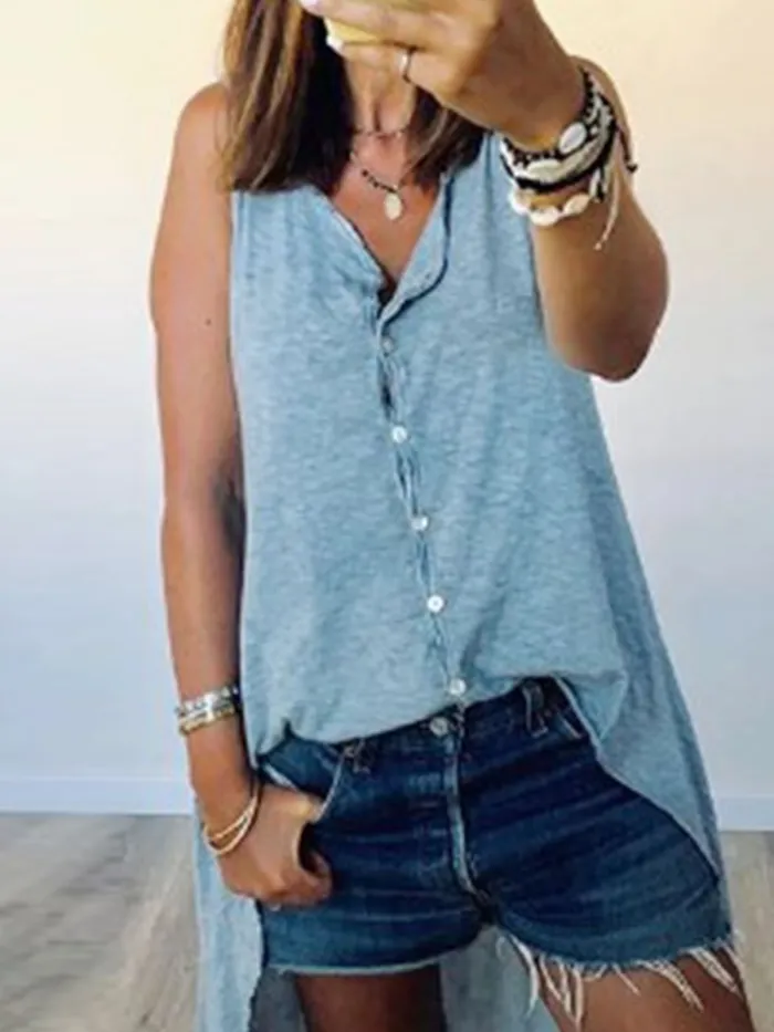 Blue Sleeveless Plain Cotton-Blend V Neck Shirts & Tops