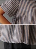 Plus  Size  Women  V-neck Short Sleeve  Striped Linen Loose Casual Top