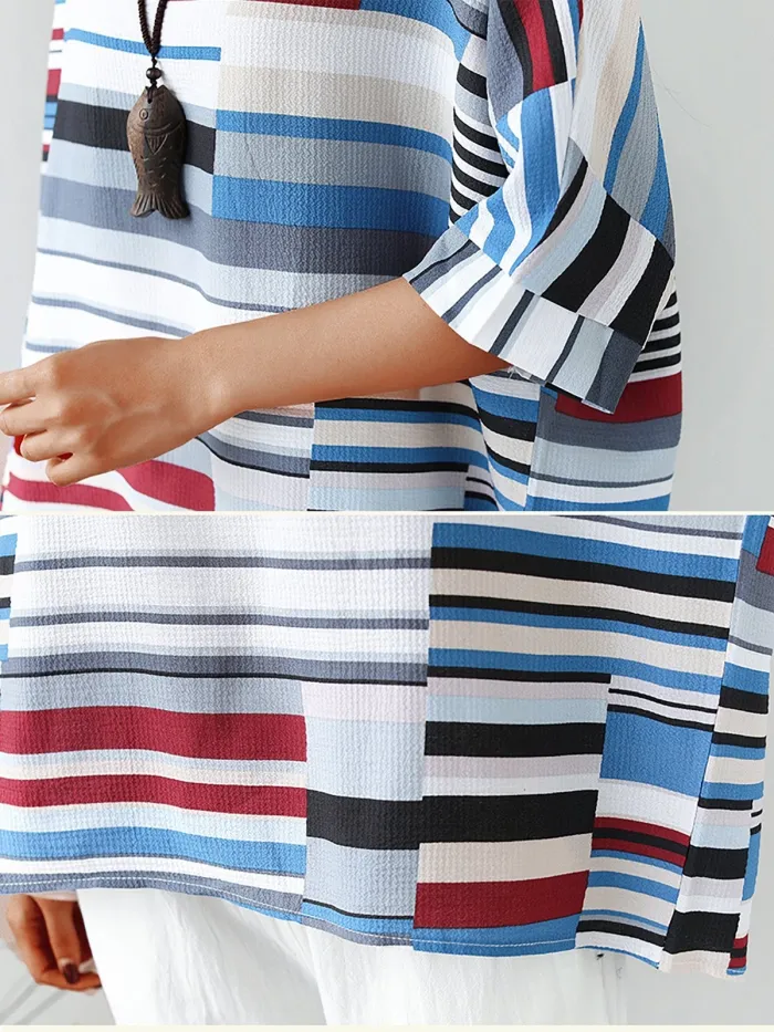 Plus Size  Cotton And Linen Striped  Loose Half  Sleeve  Casual  Top