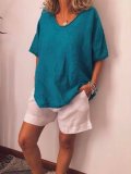 Women Thin Summer Linen Plus Size Short Sleeve Casual Tops