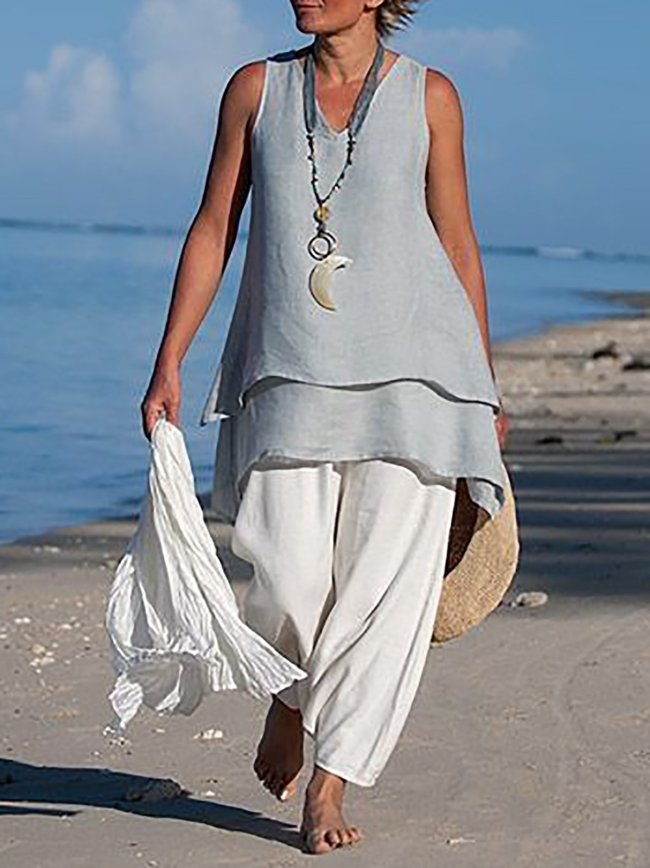 Women Casual Shirts V Neck Sleeveless Asymmetrical Tunics Blouses