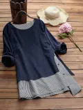 Stripe Patchwork Asymmetrical Long Sleeve Casual T-shirts