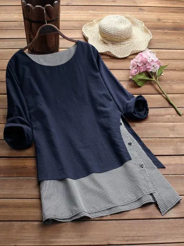 Stripe Patchwork Asymmetrical Long Sleeve Casual T-shirts