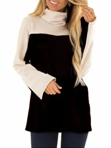 Turtle Neck Long Sleeve Vintage Color-Block T-Shirts