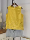 Casual Round Neck Sleeveless Embroidery Tops