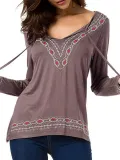 Basic V neck Embroidered Plus Size Cotton-blend T-Shirt
