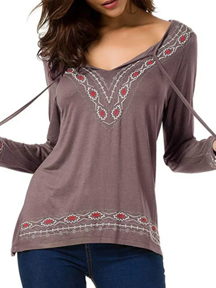 Basic V neck Embroidered Plus Size Cotton-blend T-Shirt