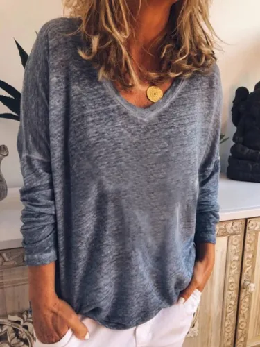 Blue Gray V Neck Casual Shirts & Tops
