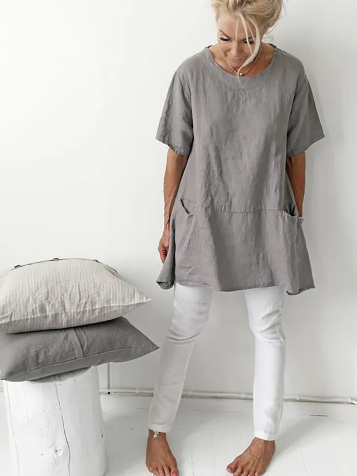 Short Sleeve Crew Neck Pockets Shirts Daily Plus Size Tops