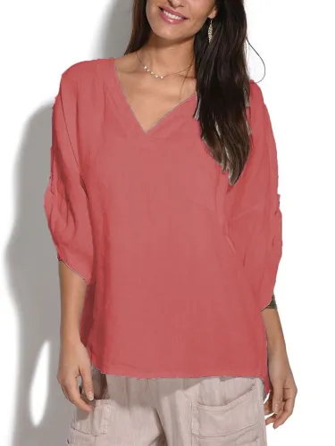 Plus Size Casual 3/4 Sleeve V Neck Solid Tops