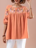 Plus Size Women Embroidered Round Neck Half Sleeve Loose Casual Cotton Shirt Tops