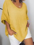 Gray Crew Neck Solid Linen Casual Shirts & Tops