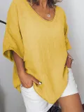 Gray Crew Neck Solid Linen Casual Shirts & Tops