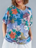 Plus Size Women Short Sleeve Round Neck Vintage Floral Casual Tops
