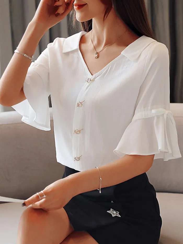 Plus Size  V-neck Chiffon Short Sleeve  Solid  Casual  Top