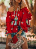 Red Floral-Print Sweet Off Shoulder Causal Tops