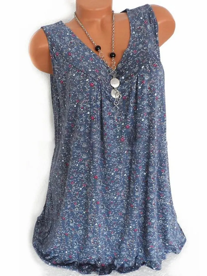 Summer Women Floral V Neck Sleeveless Blouses