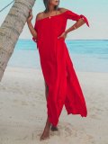 Off Shoulder Solid Boho Slit Short Sleeve Maxi Dress