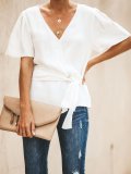 Bow Short Sleeve Sweet Blouses Solid Shirts