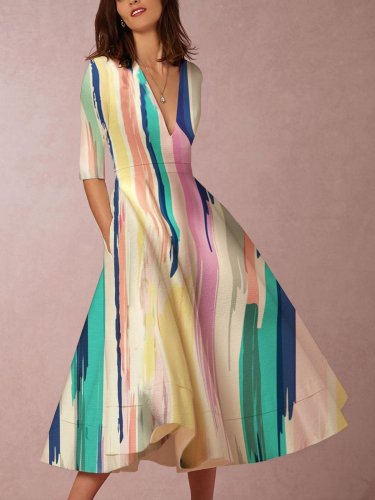 Multicolor Elegant V Neck Color-Block Skater Evening Gowns Dresses