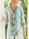 Casual 3/4 Sleeve V Neck Plus Size Printed Tops