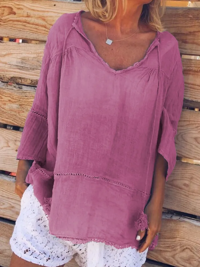 Sweet Linen Half Sleeve Solid Shirts & Tops