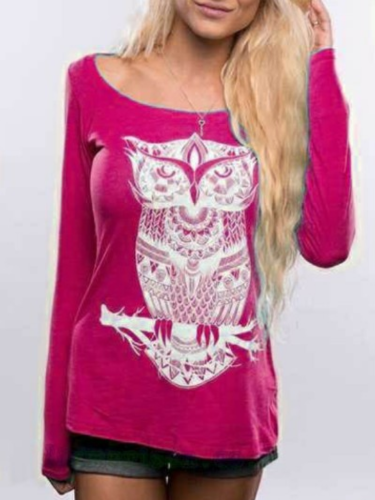 Owl Printed Long Sleeve Casual Animal Shift T-Shirts