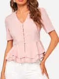 Women Breasted double-layered Lotus Leaf Hem V-neck Short Sleeve  Shirt