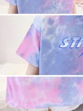Women Short Sleeve Round Neck Vintage Gradient Tie Dyeing  Floral Casual Tops