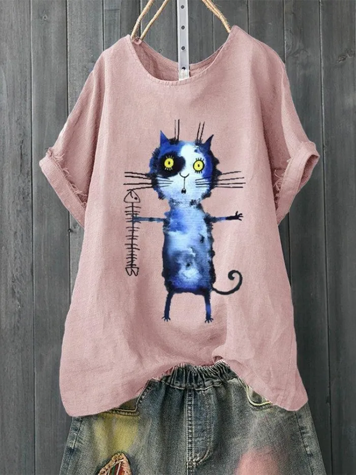 Short Sleeve Cotton-Blend Round Neck Sweet Shirts & Tops