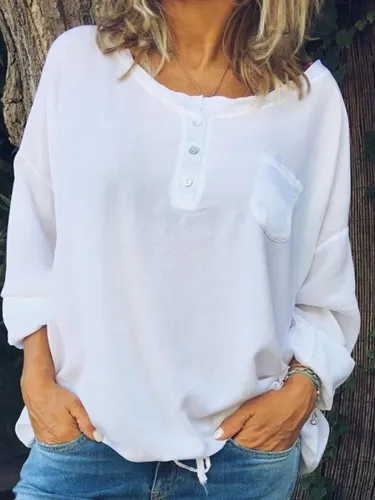 Plus Size  Casual Long Sleeve  Crew Neck Solid Tops